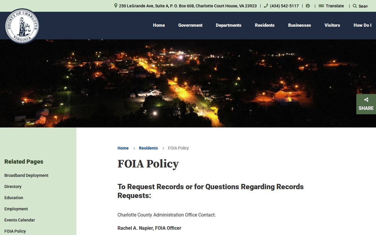 Charlotte County booking-record request and FOIA policy source
